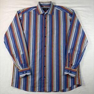 St Croix Button Front Shirt Mens L Striped Blue Cotton Made in Italy Luxury